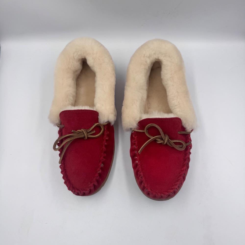 New LL Bean Wicked Good Moccasins Red Suede Shearling Slippers Womens 10 130484